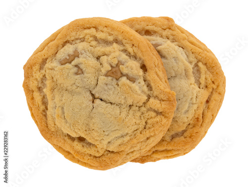 Top view of a two cookies filled with cookie butter isolated on a white background.