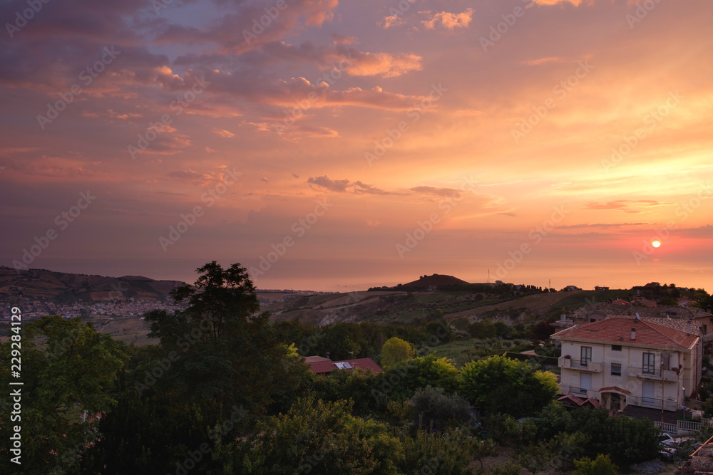 Beautiful sunrise over the countryside in Mutignano, Abruzzo, Italy
