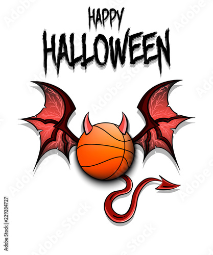 Basketball ball with horns, wings and devil tail