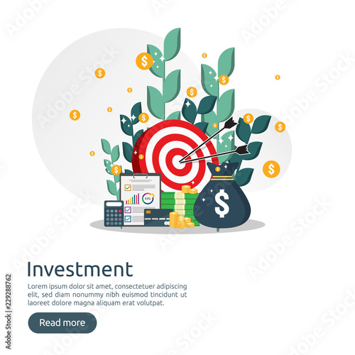 Return on investment ROI concept. business growth arrows to success. dollar stack pile coins and money bag. chart increase profit. Finance stretching rising up. banner flat style vector illustration.