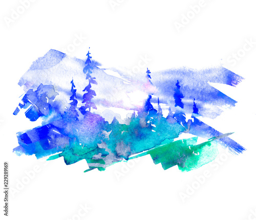 Watercolor landscape, logo, picture. Picture of a pine forest, a blue silhouette of trees and bushes on a white isolated background. Blue splash of paint. Stylish abstract drawing.