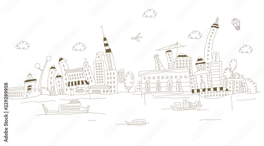 Passenger ships in the sea with a building in the background