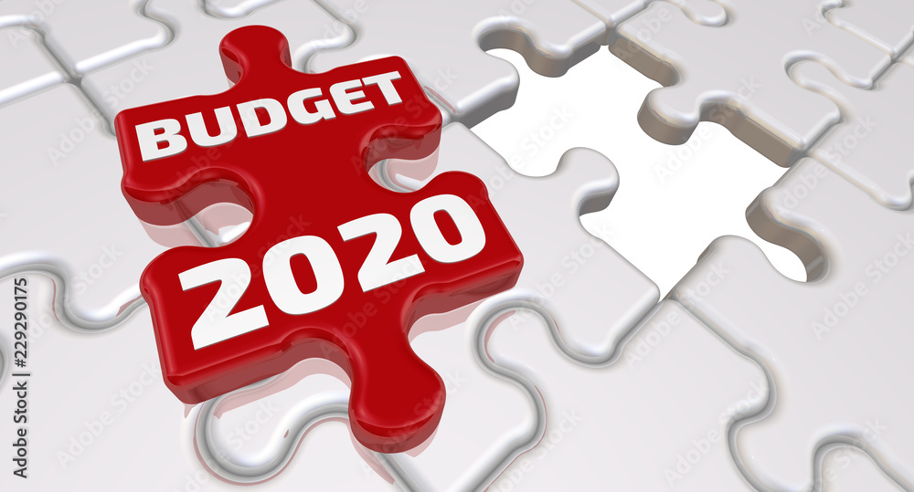 Fototapeta premium Budget 2020. The inscription on the missing element of the puzzle. Folded white puzzles elements and one red with word BUDGET 2020. 3D Illustration