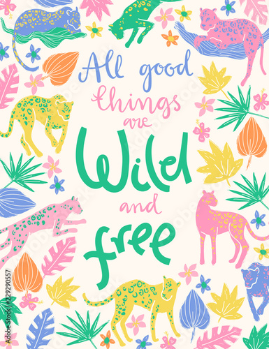 Vector poster with jaguars, tropic plants and hand letterin quot
