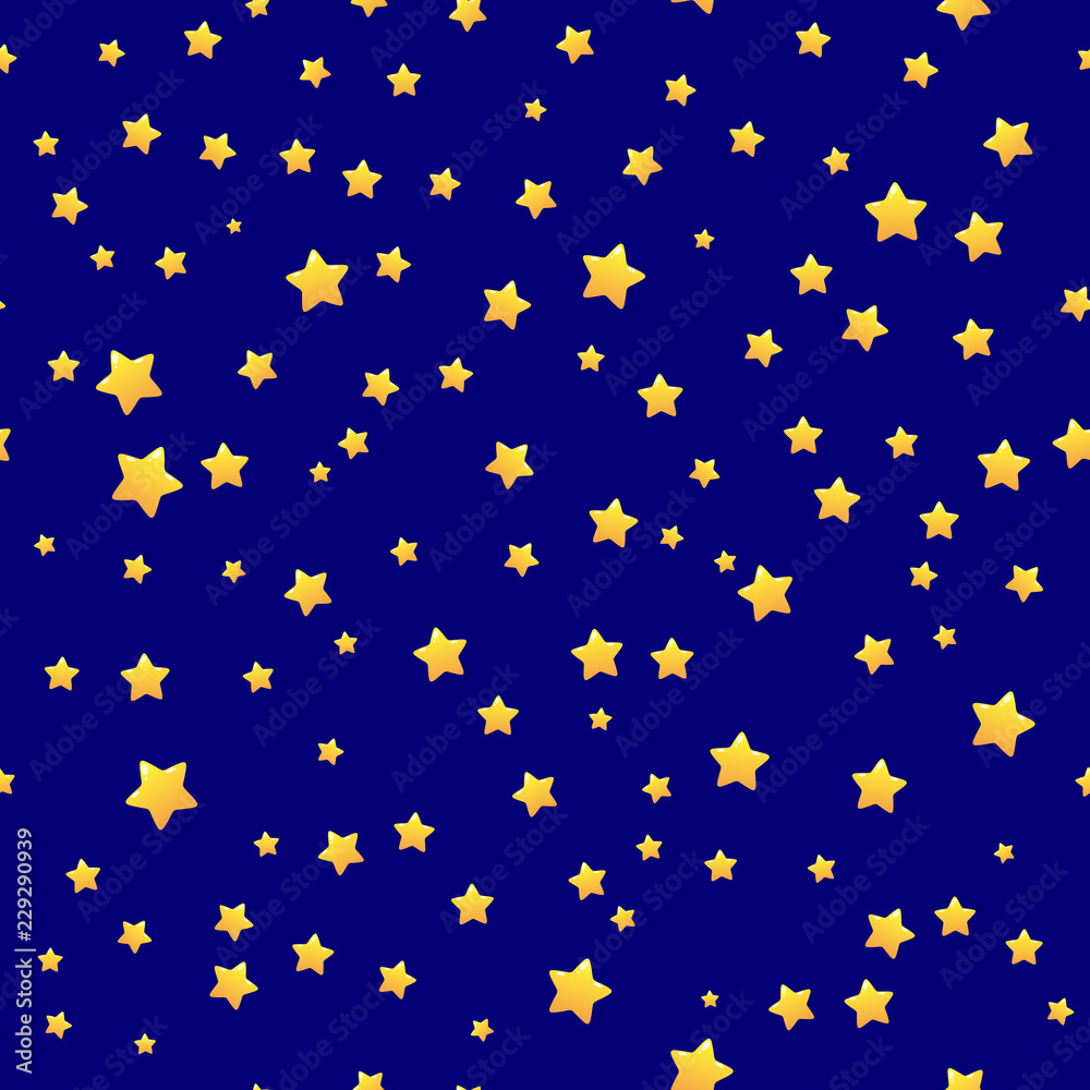 Gold stars on blue background seamless pattern. Stars background for festive event or gifts packing. Funny kids decoration element in cartoon style. Abstract starry wallpaper vector illustration. Gold stars on blue background seamless pattern. Stars background for festive event or gifts packing. Funny kids decoration element in cartoon style. Abstract starry wallpaper vector illustration.