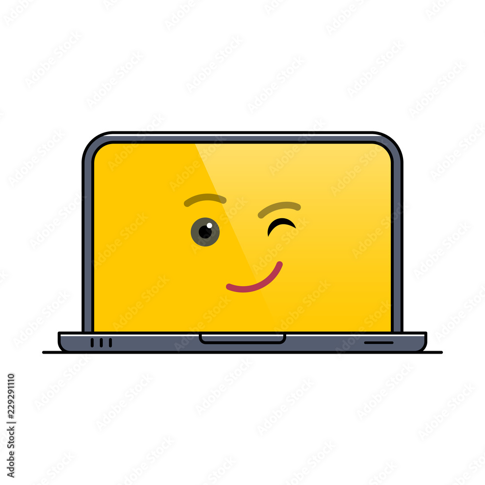 Winking laptop computer isolated emoticon icon. Blinking digital device emoji symbol. Social communication and chatting. Cheerful monitor showing facial emotion. Animated notebook vector illustration Winking laptop computer isolated emoticon icon. Blinking digital device emoji symbol. Social communication and chatting. Cheerful monitor showing facial emotion. Animated notebook vector illustration