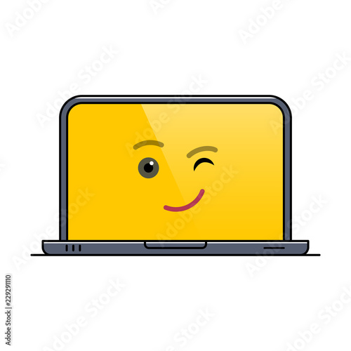 Winking laptop computer isolated emoticon icon. Blinking digital device emoji symbol. Social communication and chatting. Cheerful monitor showing facial emotion. Animated notebook vector illustration