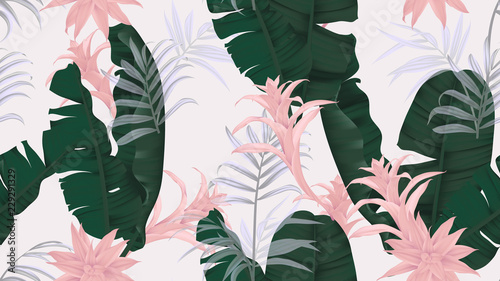 Εκτύπωση καμβά Floral seamless pattern, green banana leaves, pink Bromeliaceae plant and palm l
