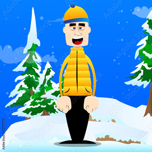 Funny cartoon man dressed for winter standing. Vector illustration.