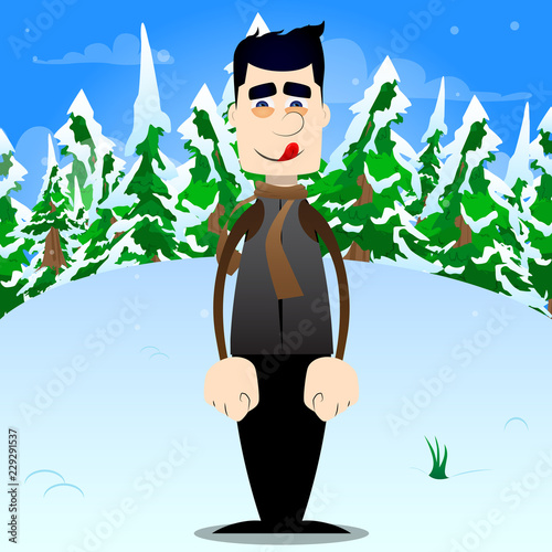 Funny cartoon man dressed for winter standing. Vector illustration.