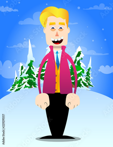 Funny cartoon man dressed for winter standing. Vector illustration.