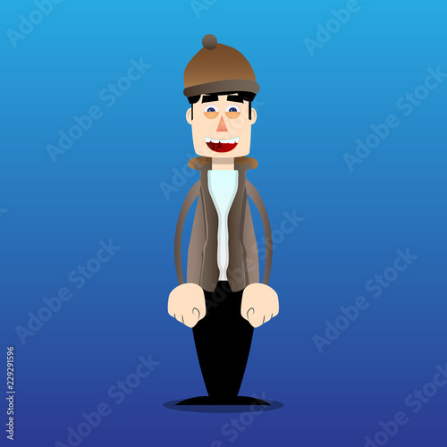Funny cartoon man dressed for winter standing. Vector illustration.