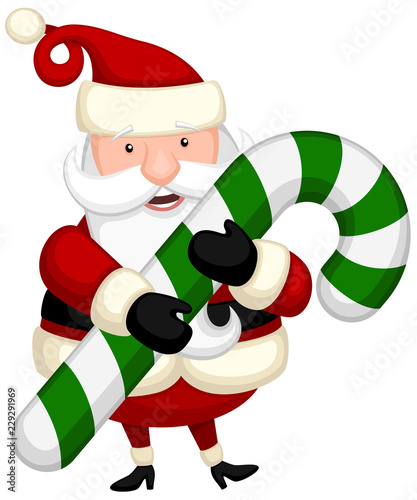 Vector illustration of a cartoon Santa Claus holding a big candy cane.