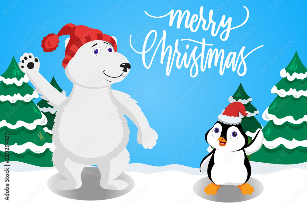 Polar Bear Wearing Hat and Penguin Wearing Santa Hat Polar Bear Wearing Hat and Penguin Wearing Santa Hat