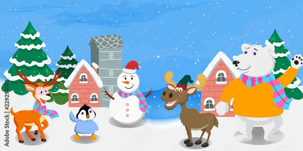Raindeer Wearing Scraft, Penguin Wearing Sweater, Moose Wearing Drawf Hat, Snownman Wearing Scraft and Santa Hat