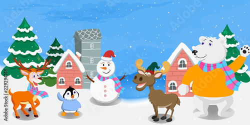 Fototapeta Naklejka Na Ścianę i Meble -  Raindeer Wearing Scraft, Penguin Wearing Sweater, Moose Wearing Drawf Hat, Snownman Wearing Scraft and Santa Hat