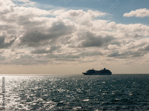 open blue ocean large boat transport shipping clouds nature landscape