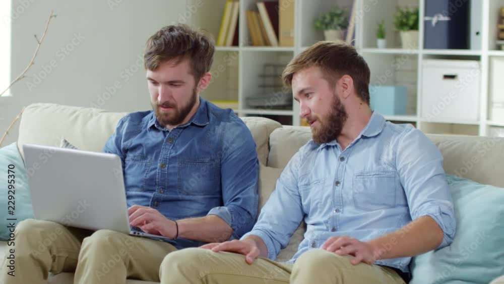 Two young Caucasian twin brothers sitting on sofa in living room at home and using laptop computer Two young Caucasian twin brothers sitting on sofa in living room at home and using laptop computer