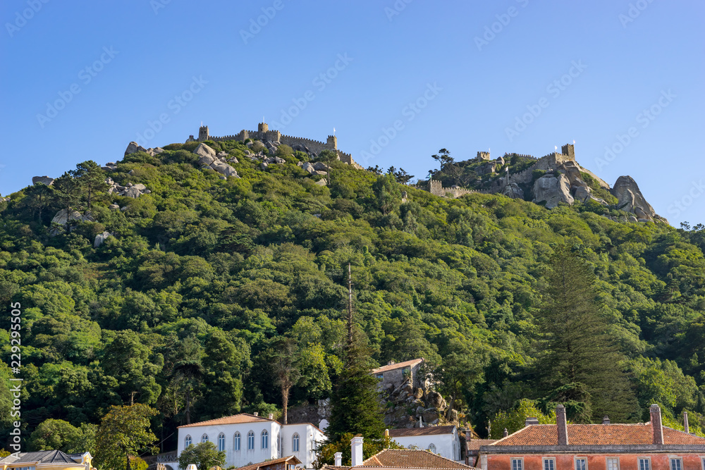 View from downtown of Sintra to  the medieval Castle  of the Moors