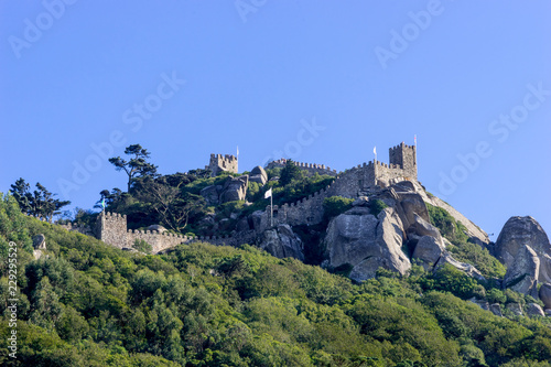 View from downtown of Sintra to a half part of the medieval Castle  of the Moors on a hilltop in Portugal near Lisbon  Sintra Cultural Landscape   UNESCO World Heritage Site