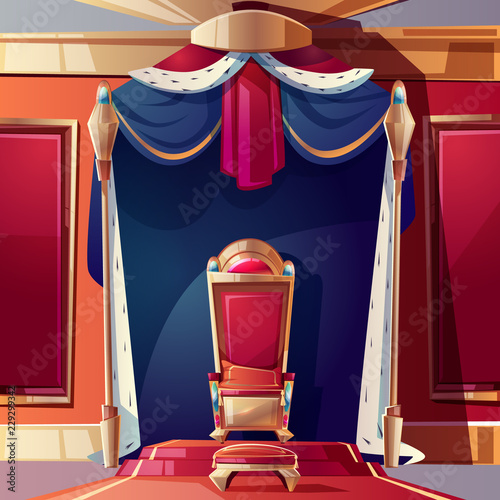 Golden kings throne inlaid with gems, ottoman and pillow on seat, standing on pedestal in ballroom or castle throne room cartoon vector illustration. Fantasy game design element. Monarchy power symbol