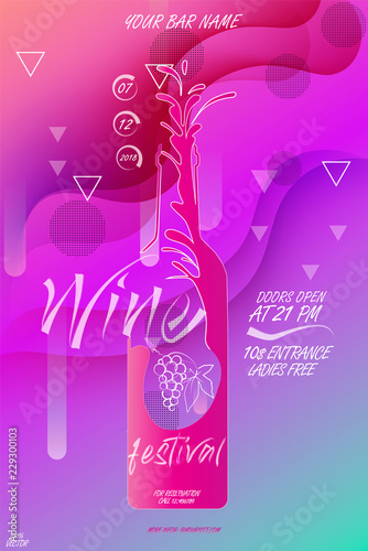 Vector invitation & flyer with stilyzed wine bottle & SPLASHES for wine list. Memphis style cover. WINE bottle and splashes pattern. template & geometric shapes. Poster, promotion design EPS 10