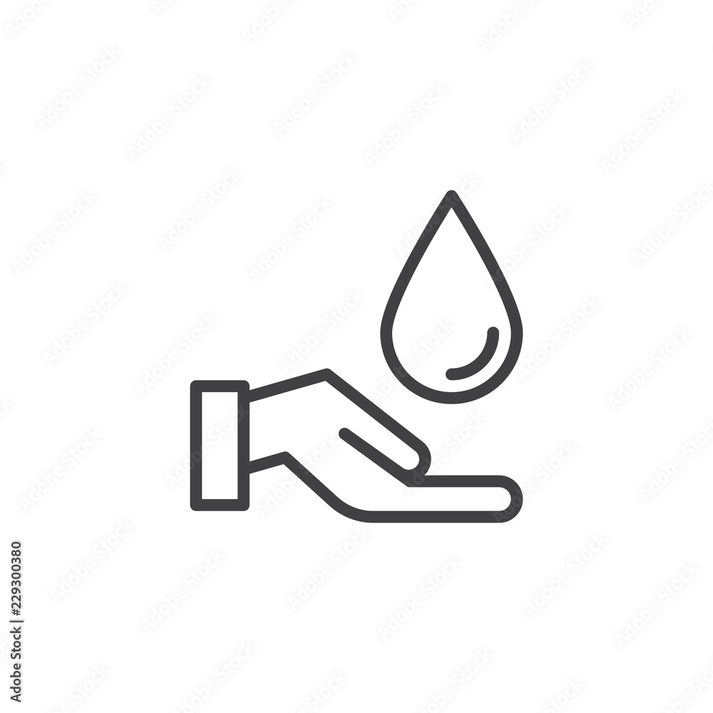 Hand and water drop outline icon. linear style sign for mobile concept and web design. Ecology, water care simple line vector icon. Symbol, logo illustration. Pixel perfect vector graphics Hand and water drop outline icon. linear style sign for mobile concept and web design. Ecology, water care simple line vector icon. Symbol, logo illustration. Pixel perfect vector graphics