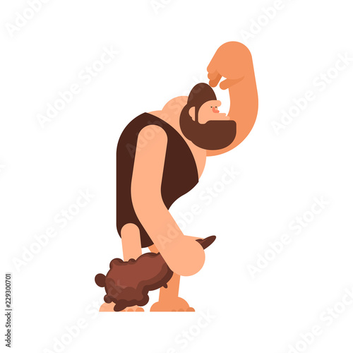 Caveman thinks. Prehistoric man and Cudgel thinking. Stone age