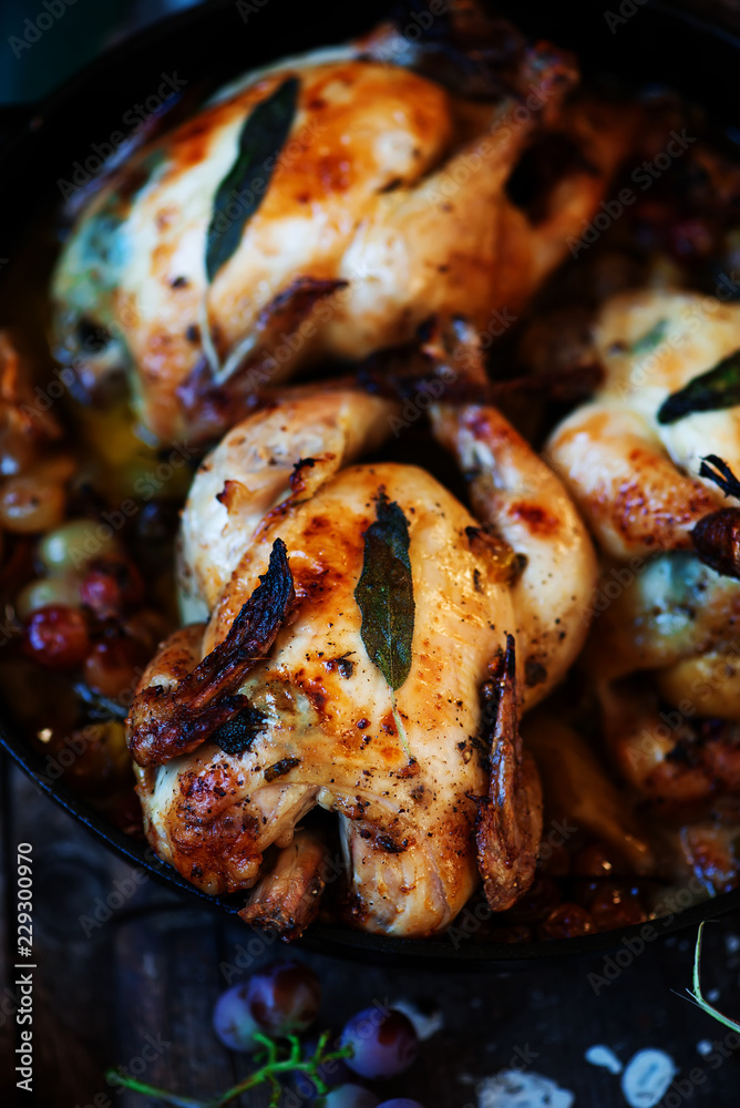 Roasted cornish hens with grapes and apples. Roasted cornish hens with grapes and apples.
