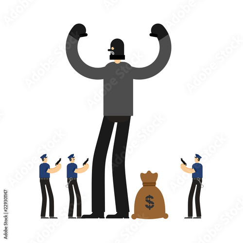 Cop and Robber Detention. Policeman and burglar arrest. Officer Police and mugger and money bag. Vector illustration