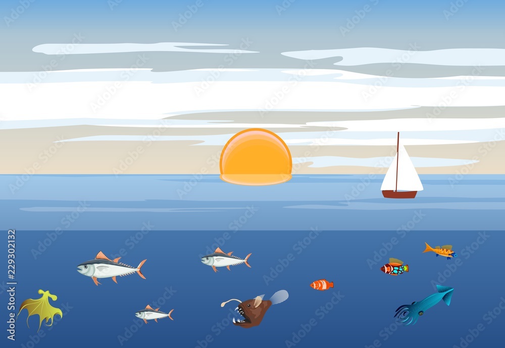 Ocean landscape, sea animals underwater, vector illustration
