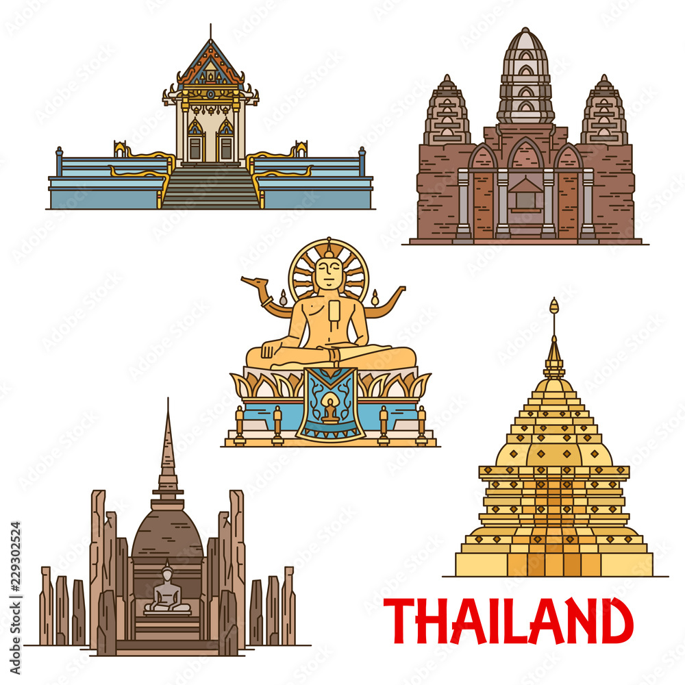 Naklejka premium Thai travel landmarks. Ancient temples, pagodas