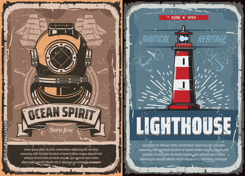 Nautical lighthouse and vintage diver helmet