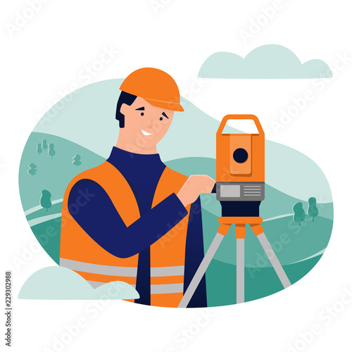Surveyor and theodolite. Geodetic works. Cadastral engineer. Flat cartoon style vector illustration.