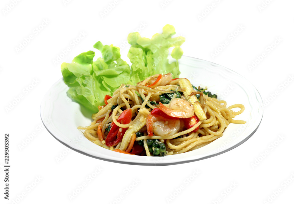 chilly basil noodle,Drunken Noodle,spicy stir fried noodle thaifood on isolated white background