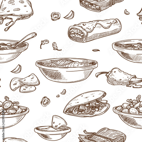 Mexican food cuisine traditional dishes sketch icon for restaurant menu seamless pattern.