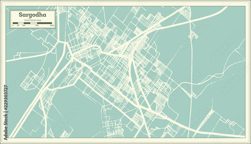 Sargodha Pakistan City Map in Retro Style. Outline Map.