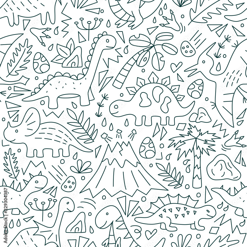 Dinosaurs. Seamless pattern. Vector illustration in doodle style. Hand drawn. Linear. Black and white