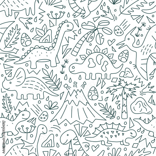Dinosaurs. Seamless pattern. Vector illustration in doodle style. Hand drawn. Linear. Black and white © Elena Pimukova