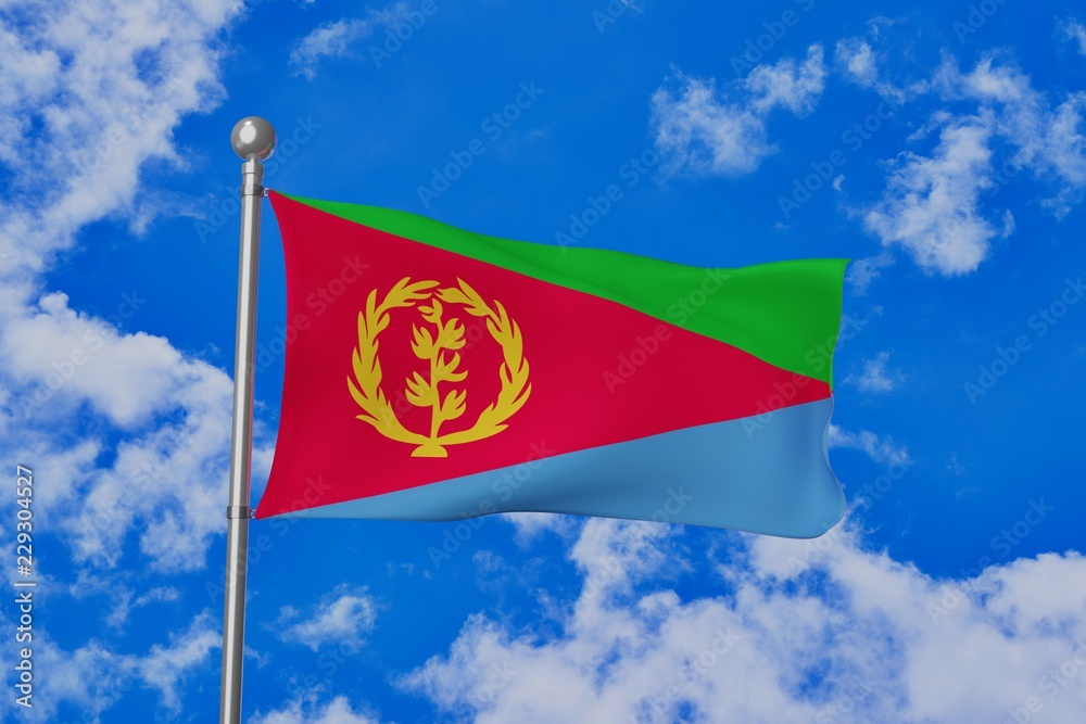 Eritrea national flag waving isolated in the blue cloudy sky 3d illustration Eritrea national flag waving isolated in the blue cloudy sky 3d illustration