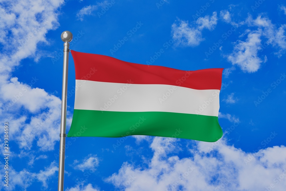Hungary national flag waving isolated in the blue cloudy sky 3d illustration Hungary national flag waving isolated in the blue cloudy sky 3d illustration