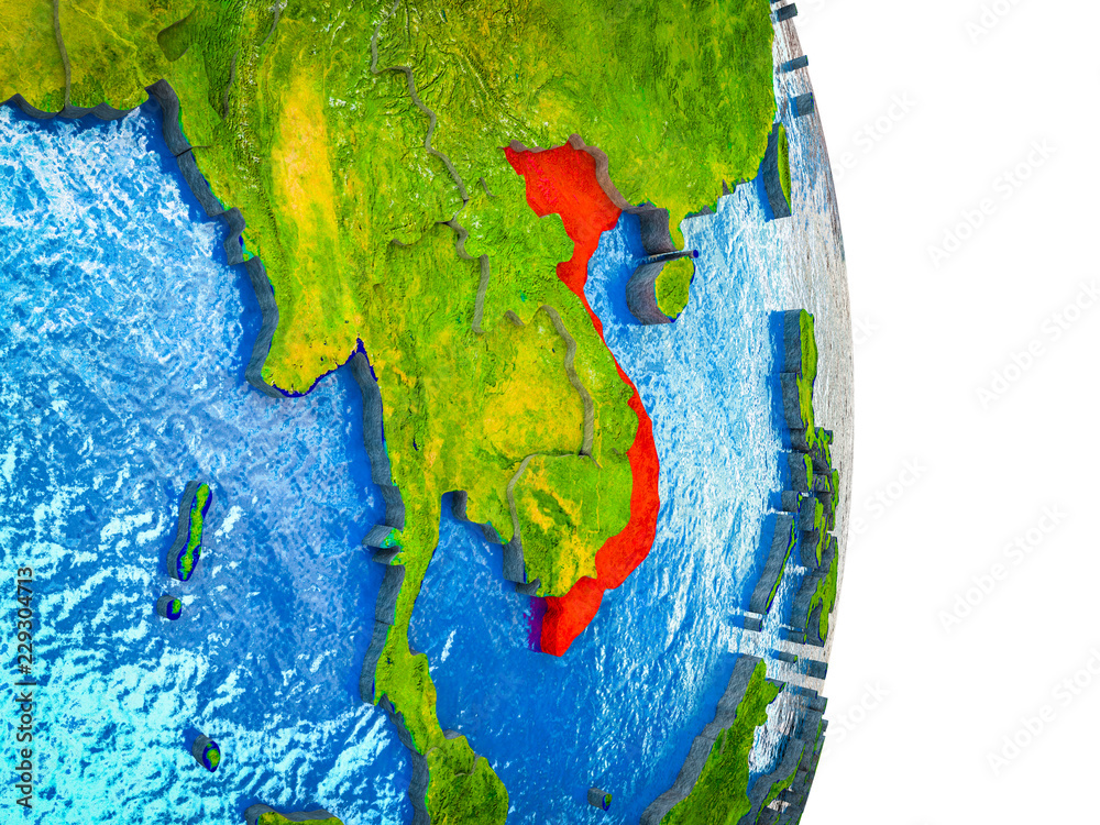 Vietnam on 3D model of Earth with divided countries and blue oceans.