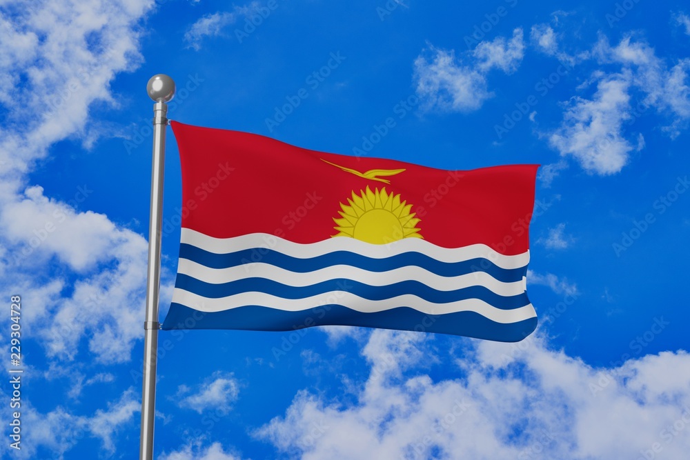 Kiribati national flag waving isolated in the blue cloudy sky 3d illustration