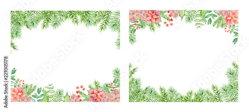 Merry Christmas watercolor frame with floral winter elements. Happy New Year card, posters. 