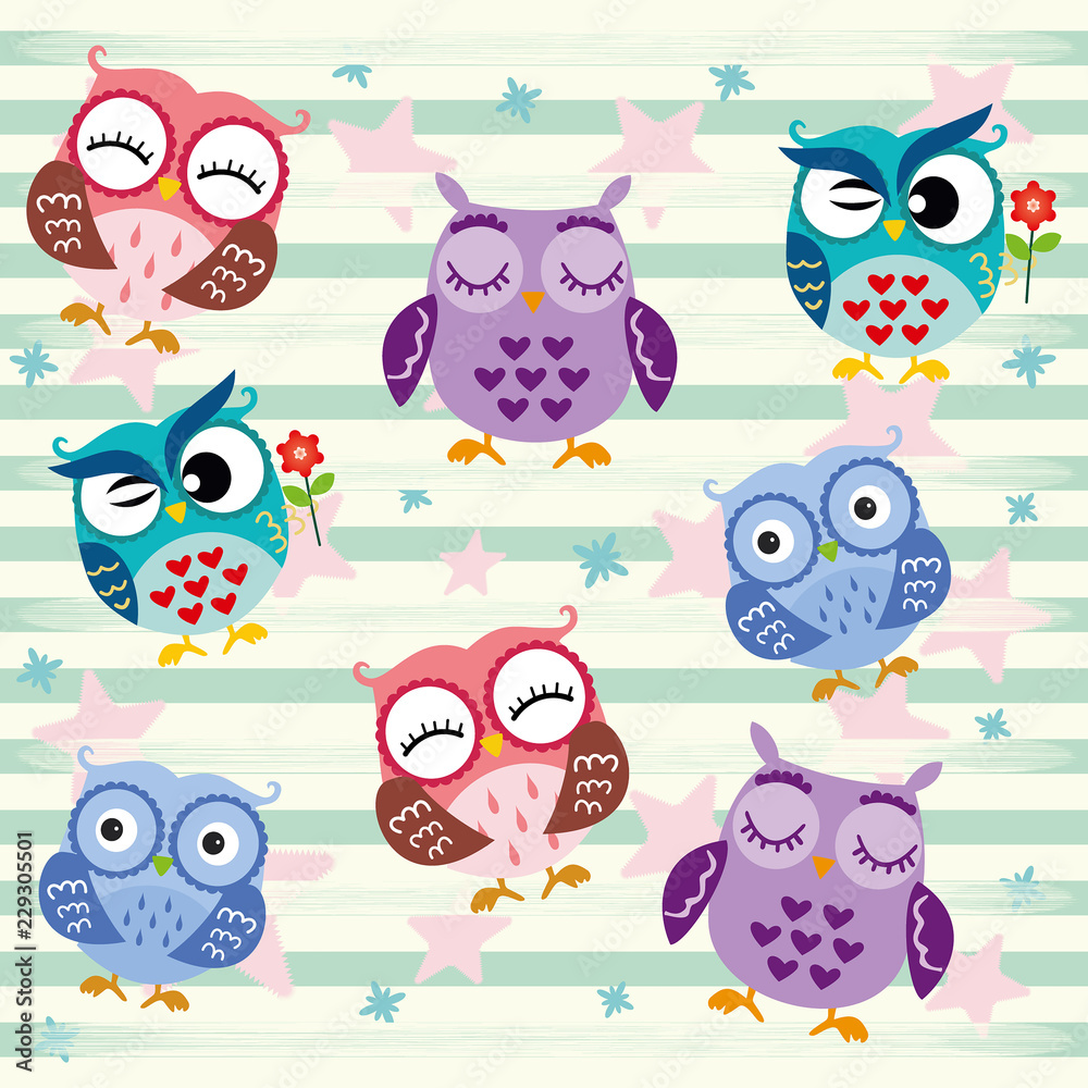 Fototapeta premium Funny Owls. Cartoon Character Isolated on star and stripes green background. Vector Illustration. You are my Valentine. Love in the air, Saint Valentine, postcard