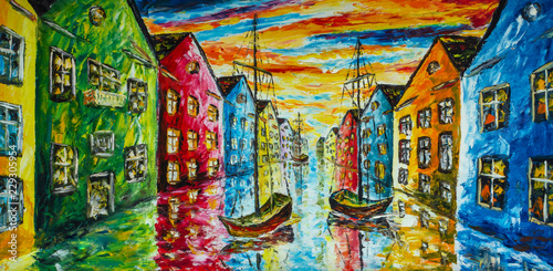 Oryginalny olej artystyczny i szpachla na płótnie - Wenecja, Amsterdam Malarstwo - łodzie pływają w wodzie, kanał, kolorowe, jasne domy - impresjonizm krajobraz, ekspresjonizm, ilustracja