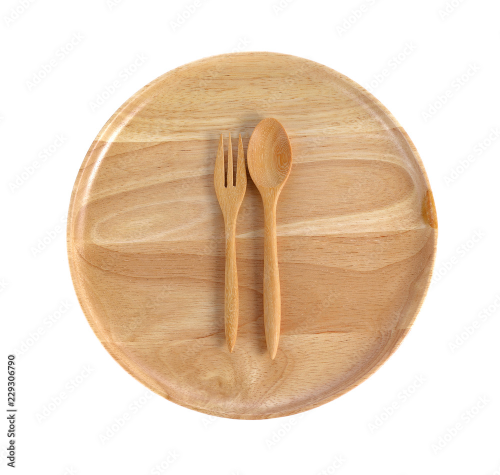 wooden plate, spoon and fork isolated on white background wooden plate, spoon and fork isolated on white background