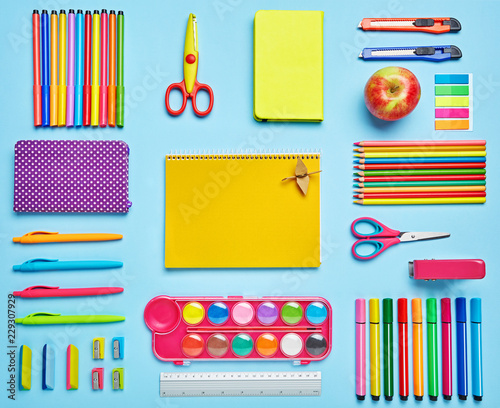 Colorful Back to School background. Top view, flat lay. copyspace