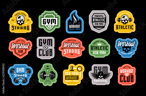 Set of emblems, tags and logo for gym, workout, athletic club