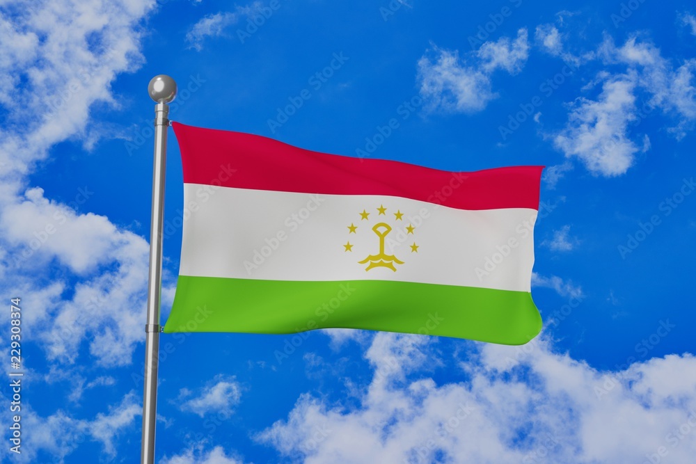 Tajikistan national flag waving isolated in the blue cloudy sky 3d illustration Tajikistan national flag waving isolated in the blue cloudy sky 3d illustration